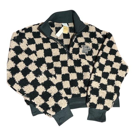 PINK Victoria's Secret Sweaters - PINK Victoria's Secret Black & Cream Checkered Fleece Half-Zip Pullover Size XS